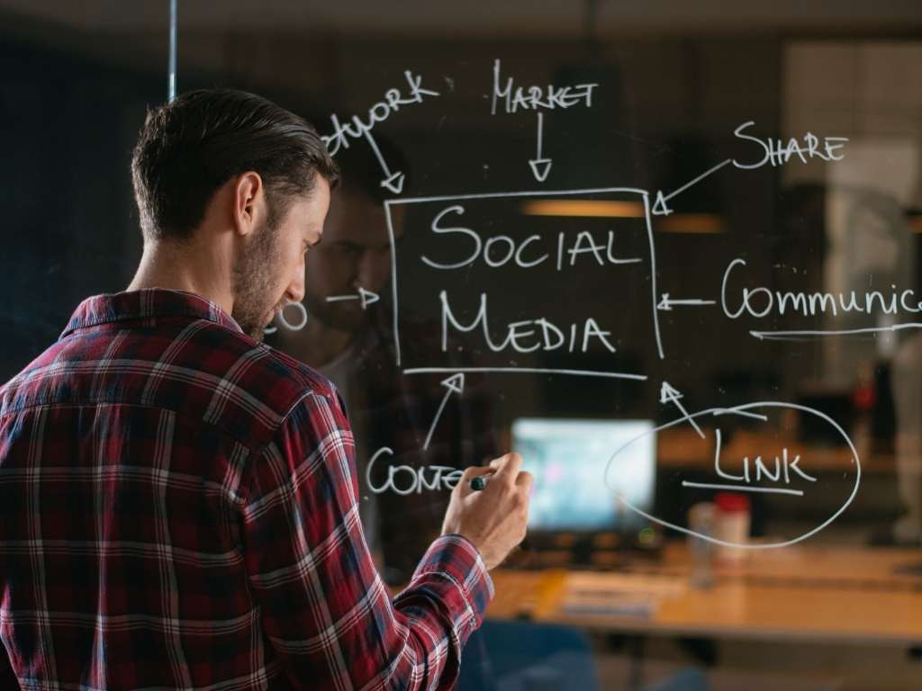 Man planning strategy on glass board for social media marketing San Diego, outlining content, links, and audience growth