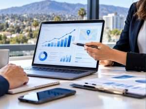 Marketing consultant reviewing SEO results on a laptop with a La Mesa SEO company client