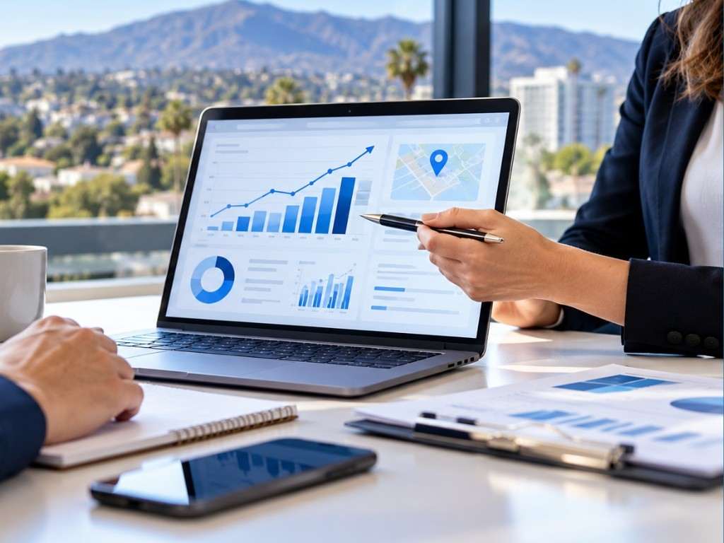 Marketing consultant reviewing SEO results on a laptop with a La Mesa SEO company client